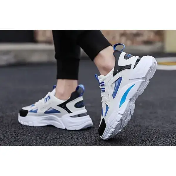 Mens Colorblock Mesh Sneakers | Breathable Lightweight Platform Casual Shoes in White Blue, White Red, Black