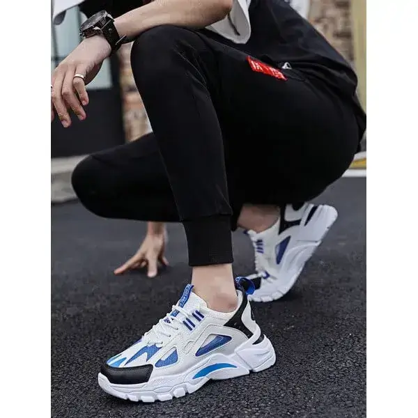 Mens Colorblock Mesh Sneakers | Breathable Lightweight Platform Casual Shoes in White Blue, White Red, Black