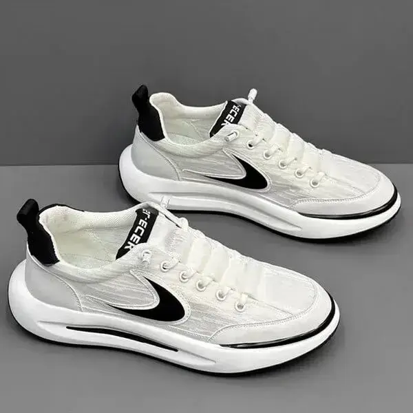 Mens Colorblock Mesh Sneakers | Breathable Low-Top Casual Shoes in White Black, White Red