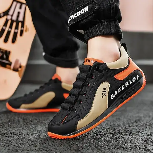 Mens Lightweight Colorblock Sneakers | Breathable Low-Top Casual Shoes in Black Orange, White