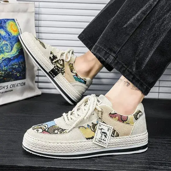Mens Color-Matching Canvas Sneakers | UV-Resistant Low-Top Casual Shoes in Beige, Black, Green